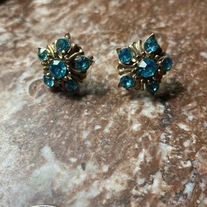 Vintage Blue Rhinestone Goldtone Nemo Screw Back Earrings